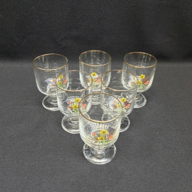 Набор рюмок на низкой ножке, деколь, позота, высота 8.5 см, 75 мл, винтаж, СССР