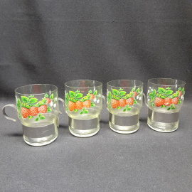 Набор стаканов стеклянных "Земляничка" в металлической ручке держателе, 300 мл. Винтаж, СССР.