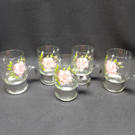 Набор из 5 стаканов с металлической ручной, стекло, деколь, 250 мл. Винтаж, СССР.