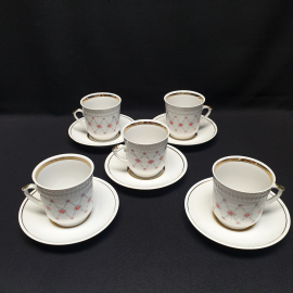 Набор из 5 чайных пар, Городница, фарфор, деколь, позолота, разносорт клейм. Винтаж.