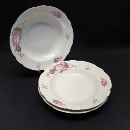 Набор из 3 суповых тарелок, Кузяевский ФЗ, фарфор, деколь, d=23.5 см, винтаж, СССР