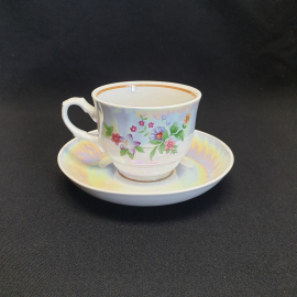 Чайная пара Добрушский ФЗ, фарфор деколь люстр, 220 мл, винтаж СССР