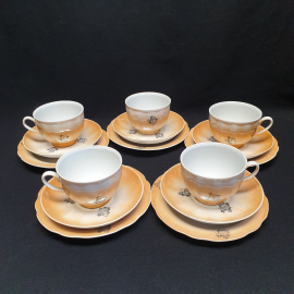 Набор из 5 чайных троек, фарфор, Дулево, деколь, 15 предметов. Винтаж СССР