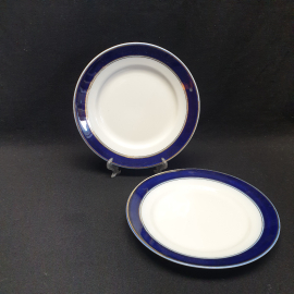 Набор из 2 десертных тарелок Дмитровский ФЗ, фарфор, кобальтовая кайма, позолота 19,5см. Винтаж СССР