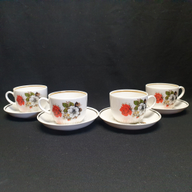 Набор из 4 чайных пар "Роза" Дмитровский ФЗ, фарфор, позолота, деколь 250мл. Винтаж СССР