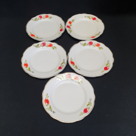 Набор десертных тарелок 5 шт, Коростень, фарфор, ручная роспись, позолота. Винтаж, СССР.