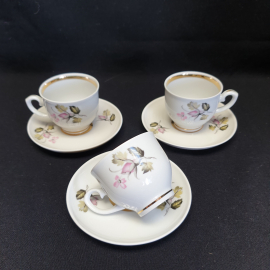 Набор кофейных пар на 3 персоны, Минск, фарфор, деколь, позолота, 100 мл. Винтаж, СССР.