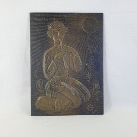 Чеканка Пастушок, металл 28х20, дефект, винтаж СССР