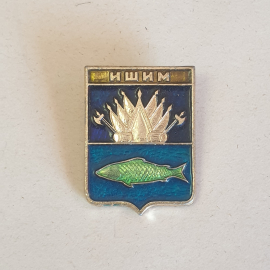 Значок СССР, город Ишим, рыба, герб, эмаль, коллекционный аксессуар, советский, винтажный.