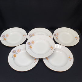 Набор суповых тарелок 6 шт, фарфор, деколь, позолота. Чехословакия.