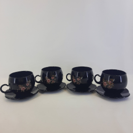 Набор из 4 чайных пар, цветное стекло деколь 200 мл, винтаж