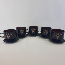 Набор из 5 чайных пар, цветное стекло деколь 200 мл, винтаж Россия