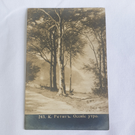 Почтовая открытка Лесной пейзаж с березами в утреннем тумане, дореволюционная, антиквариат.