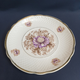 Блюдо круглое 27 см, Коростень, фарфор, деколь, позолота. Винтаж, СССР.