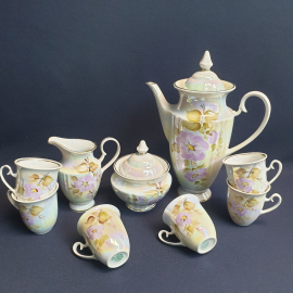 Кофейный сервиз 9 предметов, Коростень, фарфор, перламутр, ручная роспись. Винтаж, СССР.