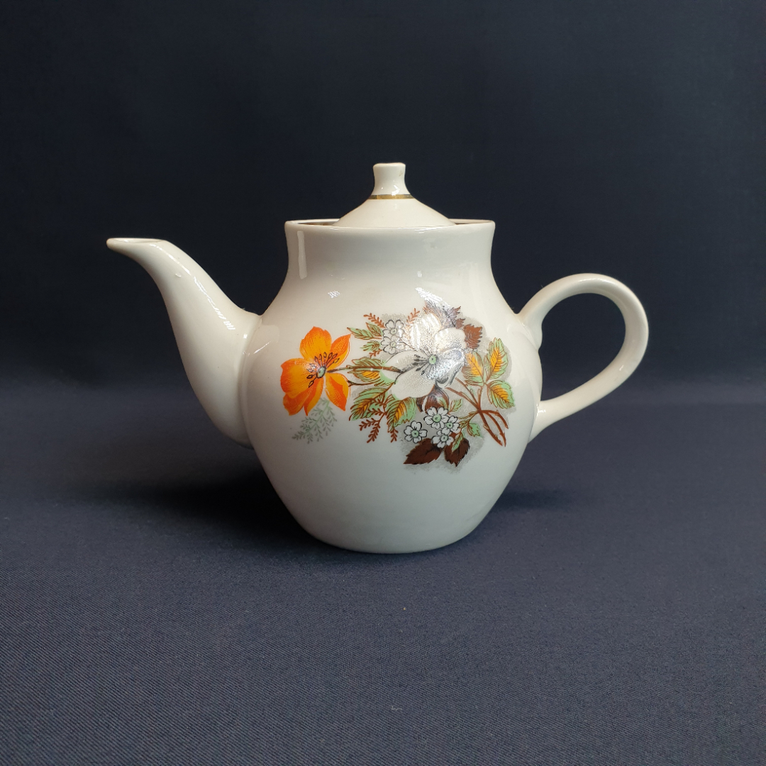 Чайник Дулево, фарфор деколь позолота 0.55 л, винтаж СССР. Картинка 2