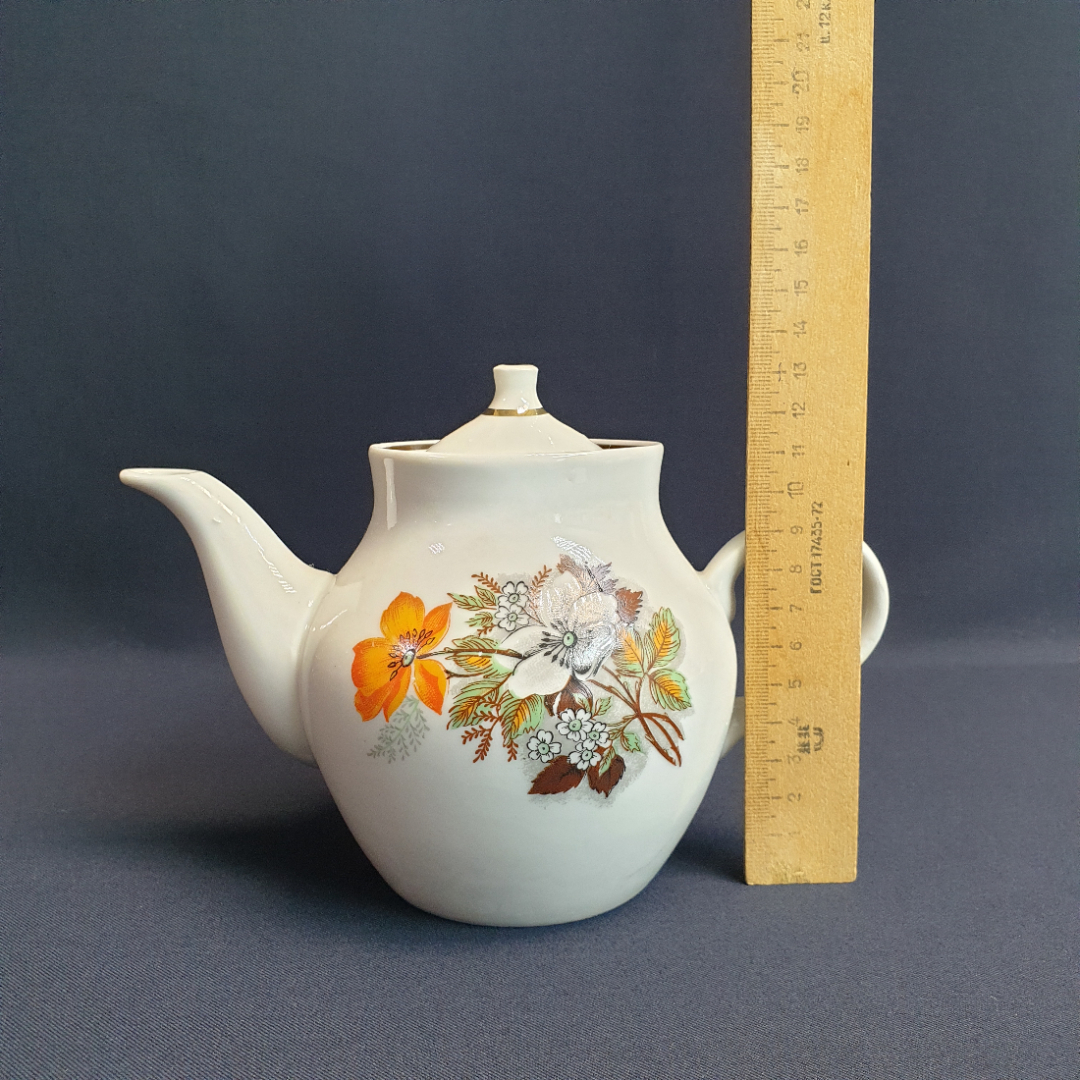 Чайник Дулево, фарфор деколь позолота 0.55 л, винтаж СССР. Картинка 11