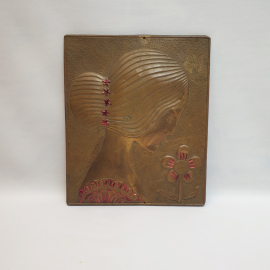 Чеканка Девушка, металл дерево 22х18 см, винтаж СССР