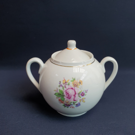 Сахарница (крышка подбор), Песочное, фарфор, деколь, позолота. Винтаж, СССР.