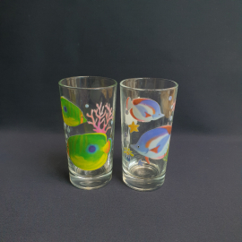 Пара стаканов с морской тематикой, стекло, деколь, 250 мл, высота 13 см. Винтаж.