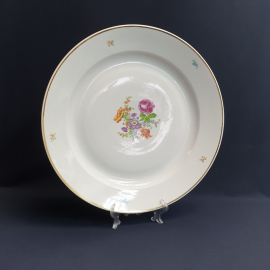 Большое блюдо Дулево, фарфор деколь позолота 35 см, скол, винтаж СССР