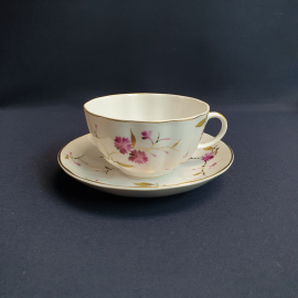 Чайная пара ЛФЗ, фарфор деколь позолота 175 мл, пересорт клейм, винтаж СССР