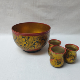 Глубокая чаша 2 литра и 3 стаканчика 100 мл, дерево, роспись хохлома. Винтаж, СССР.