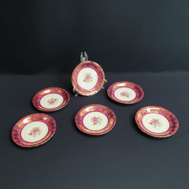 Набор чайных блюдец 6 шт, фарфор, ручная роспись, деколь, позолота. Чехословакия.