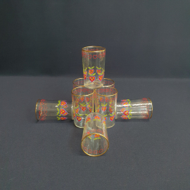 Набор стопок 8 шт. высотой 10 см, стекло, деколь, позолота, 150 мл. Винтаж, СССР.