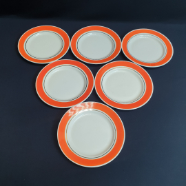 Набор десертных тарелок 6 шт, 17 см, Октябрьский, фарфор, позолота, крытьё. Винтаж СССР.