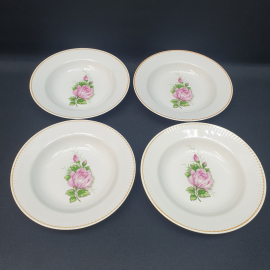 Набор суповых тарелок 4 шт 20 см, фарфор, деколь, позолота. Винтаж СССР.