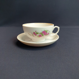 Чайная пара Дулево, фарфор деколь 210 мл, винтаж Россия