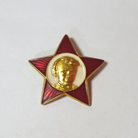 Значок СССР с молодым пионером, красная звезда и золотой профиль, советский, винтажный.