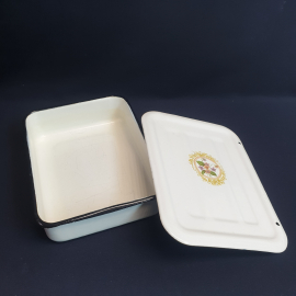 Эмалированный контейнер с крышкой 25х19.5 см, деколь, металл. Винтаж, СССР.