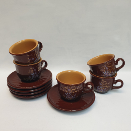 Набор чайных пар на 5 персон, 10 предметов, фарфор, деколь, 150 мл. Винтаж, СССР.