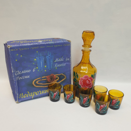 Новый набор штоф 550 мл и 5 стопок 50 мл, цветное стекло, роспись. Россия.
