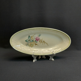 Селедочница 25х12 см, Хайтинский, рельефный фарфор, деколь, перламутр. Винтаж, СССР.