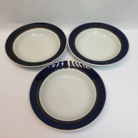 Набор суповых тарелок 3 шт, Чайка, фарфор, кобальтовое крытье, позолота. Винтаж, СССР.
