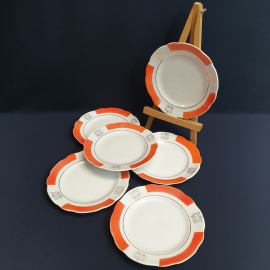 Набор десертных тарелок 6 шт, Коростень, фарфор, крытье, позолота. Винтаж, СССР.