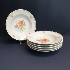 Набор суповых тарелок "Мейсенский букет" 6 шт, Чайка, фарфор, деколь, позолота. Винтаж, СССР.