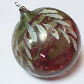 Елочная игрушка СССР, стекло, шар гигант с рисунком, золотистый с красным, для декора. Винтаж