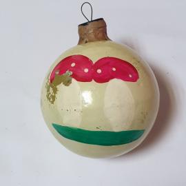 Ёлочная игрушка СССР, стекло. Декоративный шар гигант с рисунком гриба. Украшение ретро, винтажная.