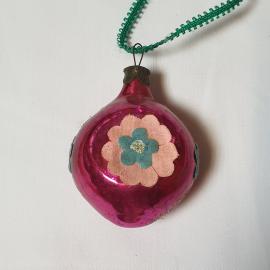 Ёлочная игрушка СССР, стекло, декоративный шарик с цветком, украшение на елку, винтажная.