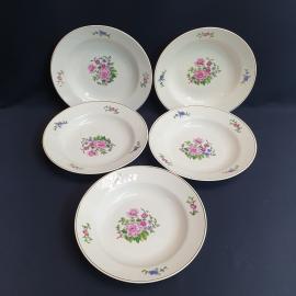 Набор суповых тарелок 5 шт, Дулево, фарфор, деколь, позолота. Винтаж, СССР.