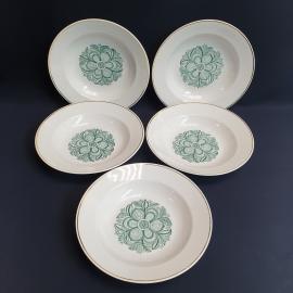 Набор суповых тарелок 5 шт, Пролетарий 1967-1975 гг, фарфор, деколь, позолота. Винтаж, СССР.