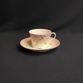 Чайная пара товарищество Кузнецова 1917г,розовое крытье, роспись,атиквариат