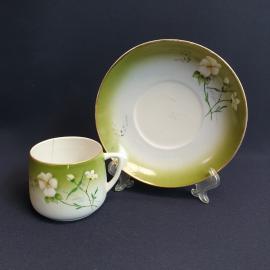 Чайная пара, Дмитровская ф-ка 20-ые годы, фарфор, роспись, крытье, скол. Винтаж, СССР.