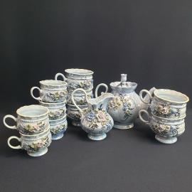 Чайно кофейный сервиз на 5 персон, 12 предметов, фарфор, роспись, лепнина. Винтаж, СССР.