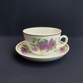 Чайная пара "Сирень", Городница, фарфор, деколь, позолота. Винтаж, СССР.