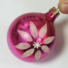 Елочная игрушка шар с рисунком цветка. Стекло, винтаж СССР